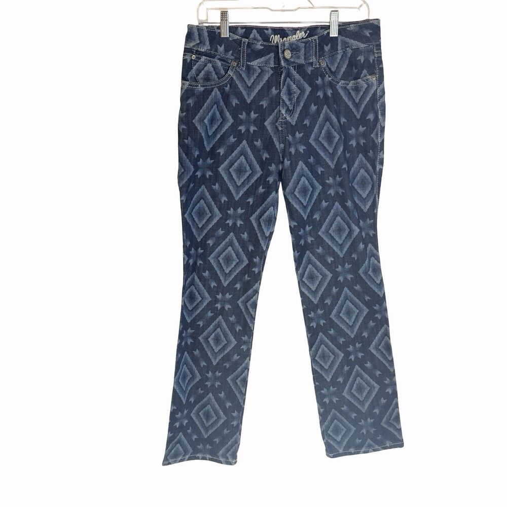 Wrangler Jeans Women 7/8 X 32 Straight Leg Blue Denim Western Geometric Diamond